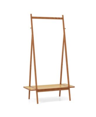 Bamboo Clothes Rack with Rattan Shelf and Copper Hooks