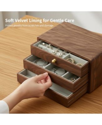 Solid Black Walnut Jewelry Organizer Box 3 Drawers Velvet Lined Brass Handles Large Storage