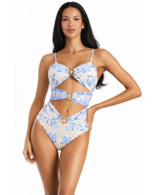 Women's Blue Floral Cut-Out One Piece Swimsuit - Elegant Resort Swimwear