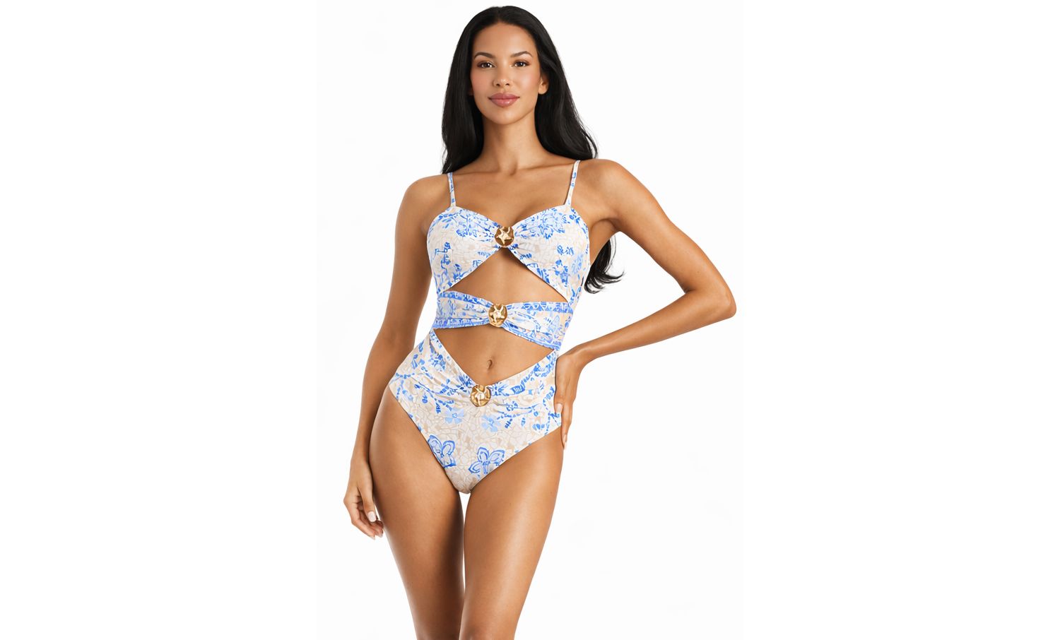 Women's Blue Floral Cut-Out One Piece Swimsuit - Elegant Resort Swimwear