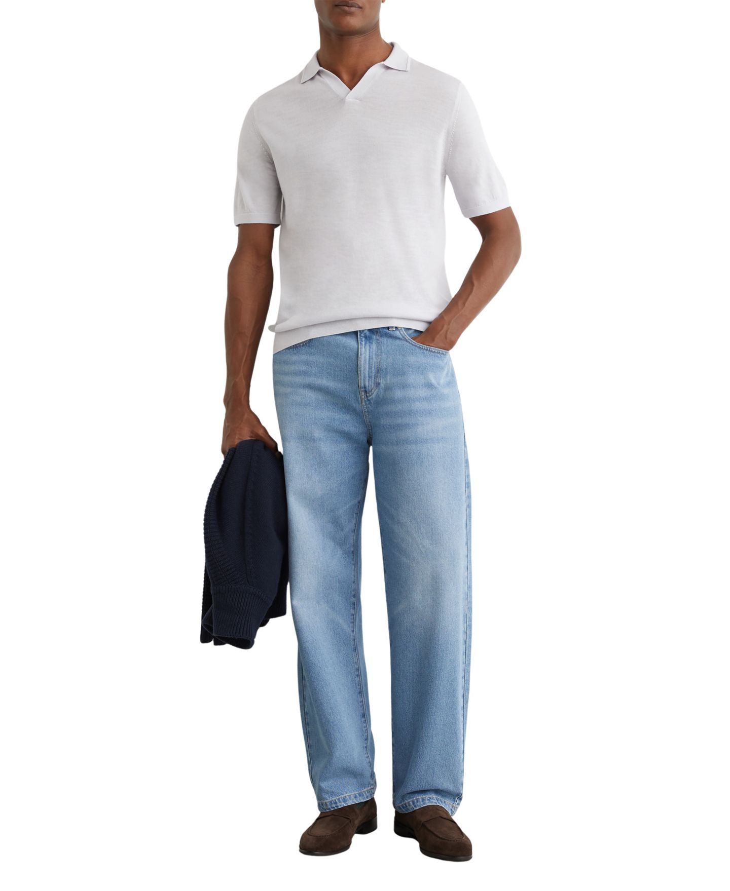 Мужское поло REISS Duchie Merino Wool Open-Collar Polo Shirt, цвет: Морозный синий — фото 2