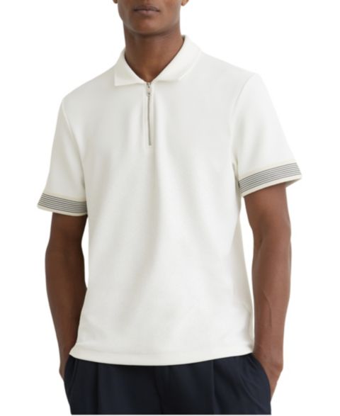 Мужское поло REISS Bruno Sleeve-Trim Half-Zip Polo Shirt, цвет: Белый