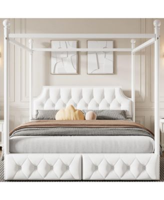 Metal Canopy Platform Bed with Upholstered Headboard and Two Storage Drawers
