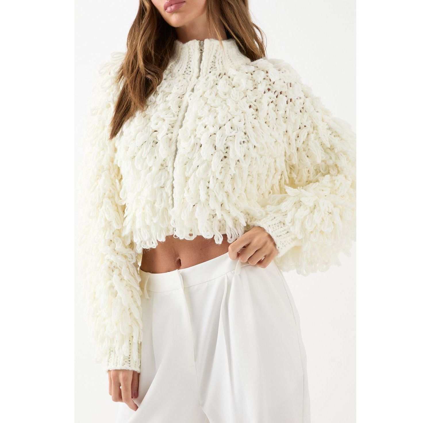 Women's Zip Up Cream Fringe Loop Cardigan