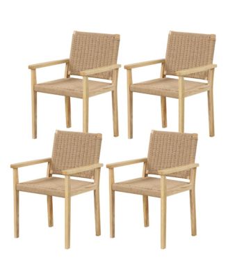 4PCS Chair Rubber Wood Dining Armchairs Paper Rope Woven Seat Balcony Patio