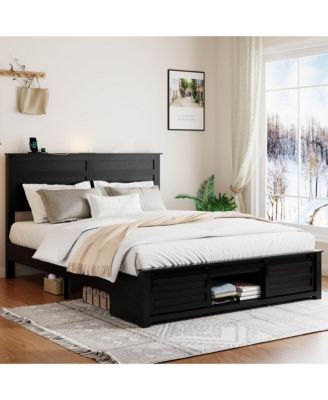 Queen Bed Frame with Upholstered Headboard and Wood Platform
