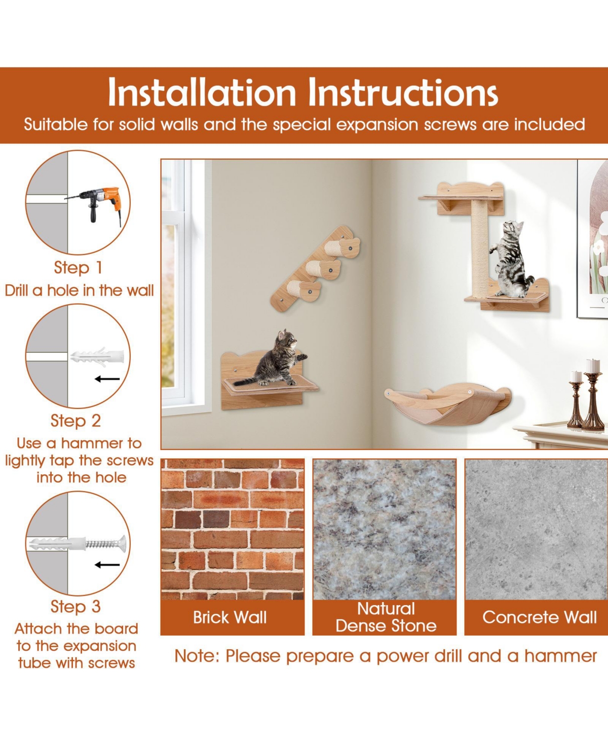 Cozito Cat Wall Furniture Set of 4 with Hammock and Perch