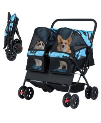 Foldable Double Pet Stroller with Sunshade and Basket