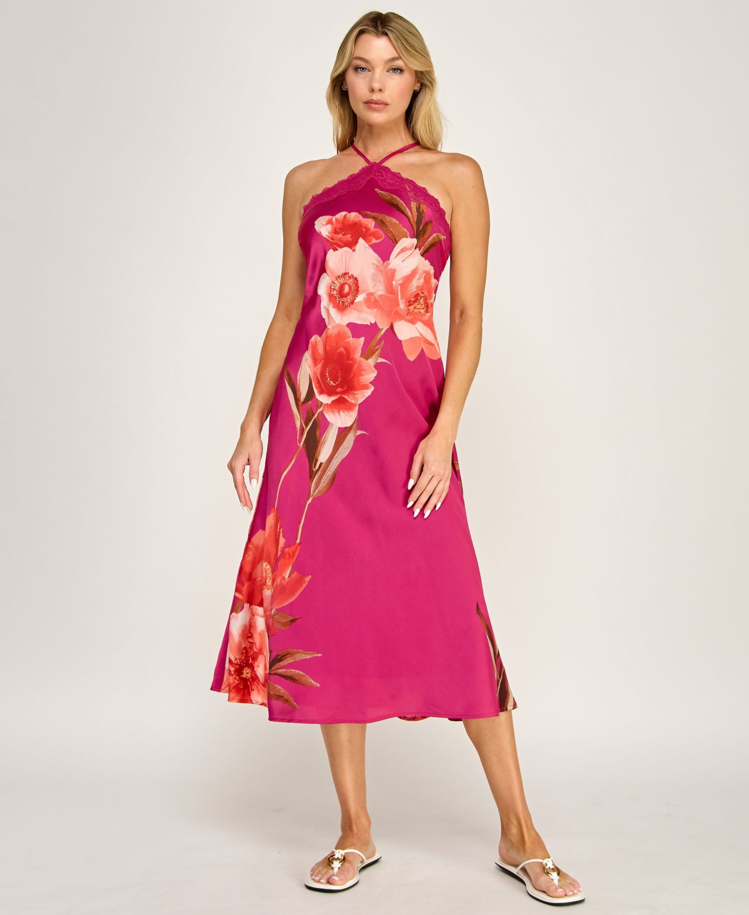 Women's Printed Halter Neck Scallop Trim Midi Dress