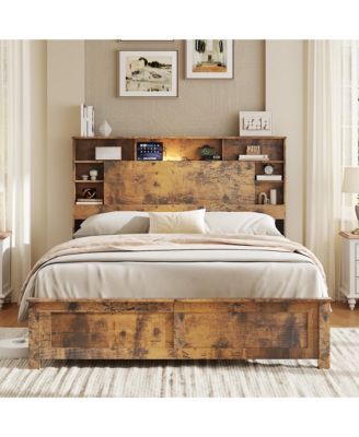 Bed Frame with Storage Headboard, Wood Platform Bed Frame with Charging Station