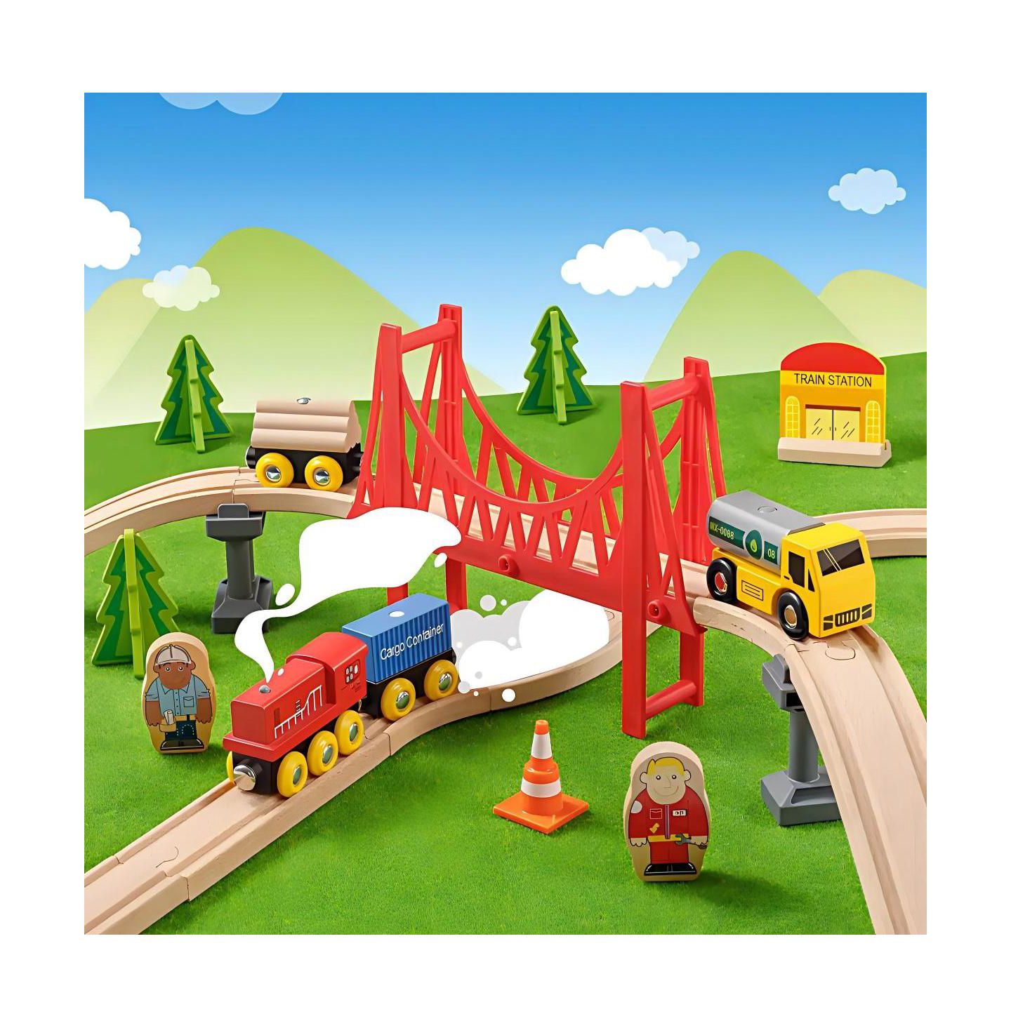 Детские игрушки Tiny Land Working Crane 55-Piece Wooden Track Trains Set — фото 7
