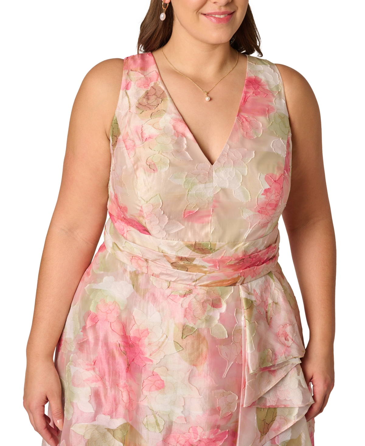 Adrianna Papell Plus Cascade Organza V-Neck Midi Dress