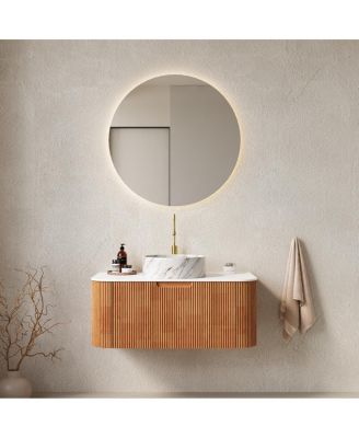 Modern Bathroom Vanity with Stone Pattern Ceramic Basin, 3D Striped Wood Drawer, Wall Mounted Storage Cabinet, Pre-assembled