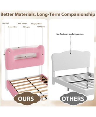 Upholstered Bed Frame with Storage Headboard, LED Lights, Charging Station and Drawer