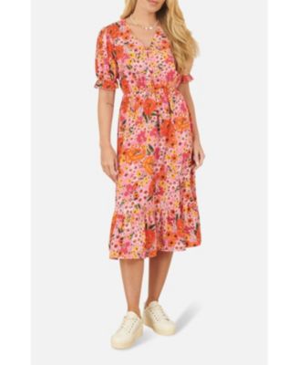 Women's Short Sleeve V-Neck Printed Midi Dress