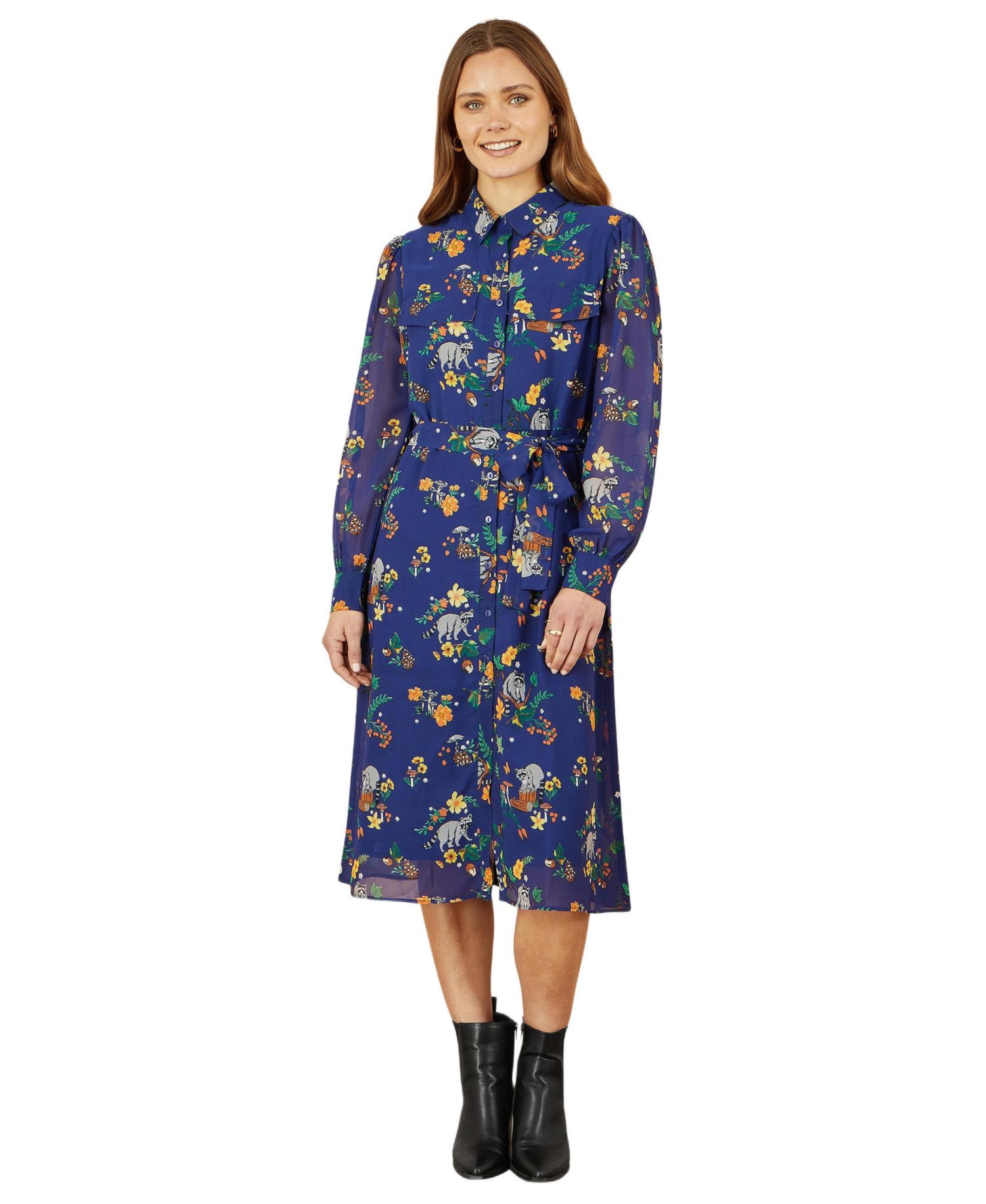 Women's Raccoon Print Shirt Midi Dress