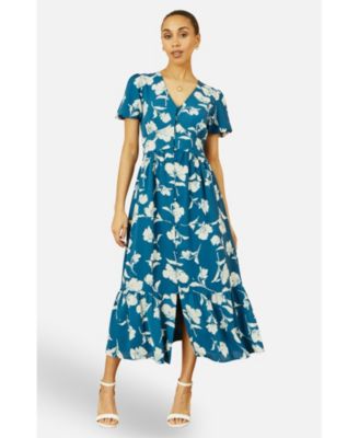 Women's Floral Button Down Floral Midi Dress