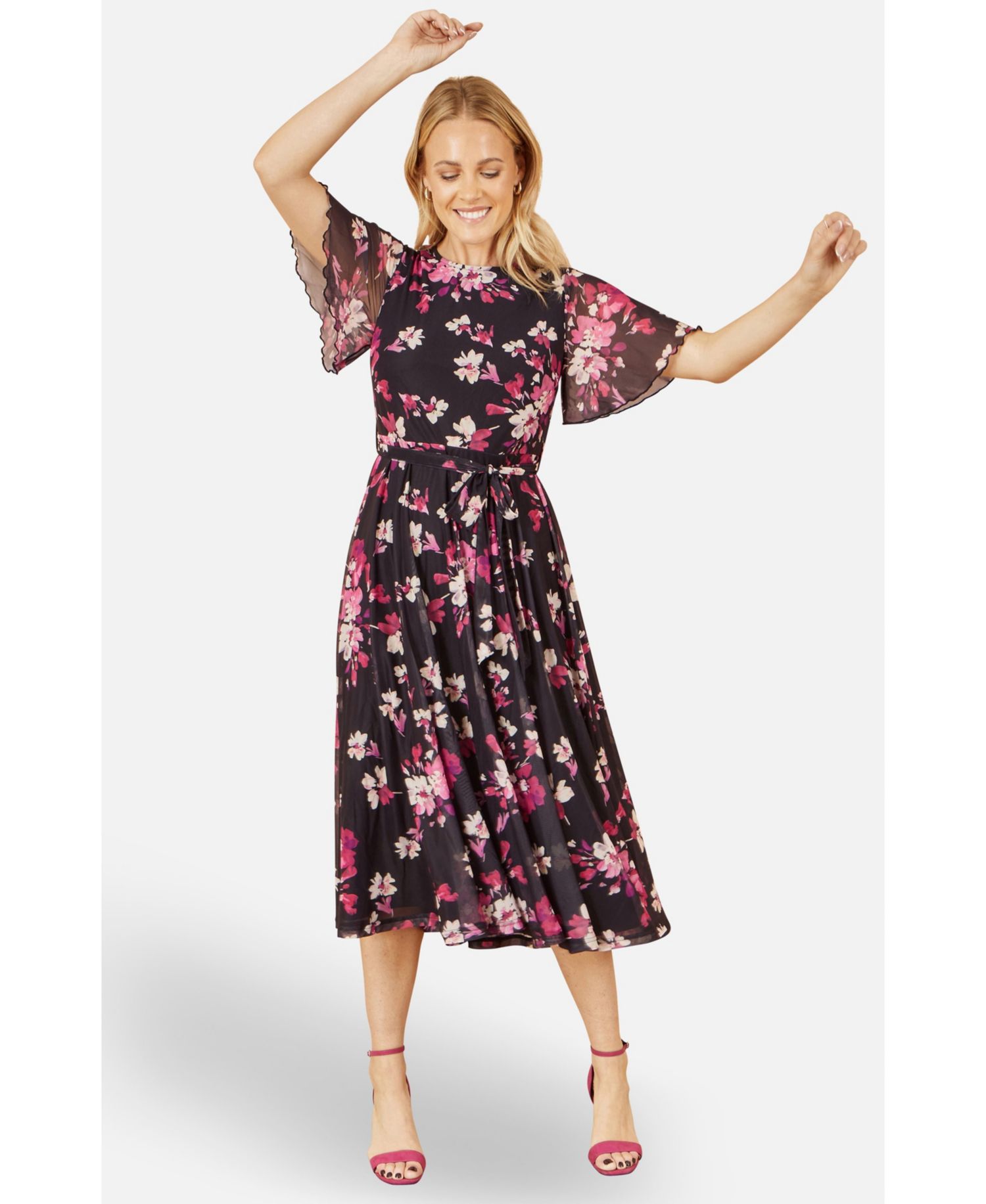 Women's Mesh Skater Floral Midi Dress