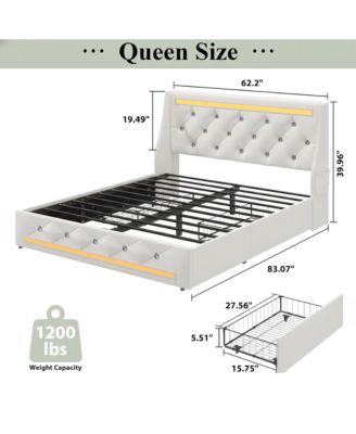 Queen Size Bed Frame with Wingback Upholstered Diamond Headboard and 2 Storage Drawers