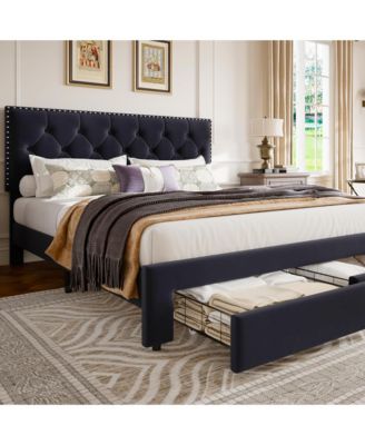 Upholstered Bed Frame with 2 Storage Drawers, Velvet Headboard and Wooden Slat Support