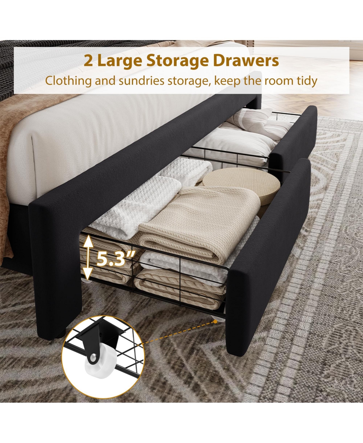 Homfan Upholstered Bed Frame with 2 Storage Drawers