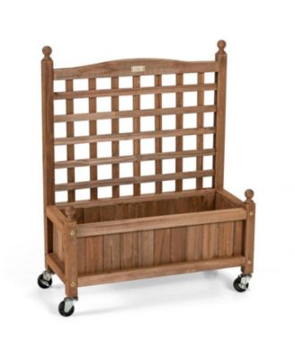 32 Inch Wooden Planter Box with Trellis and Wheels, Raised Garden Bed