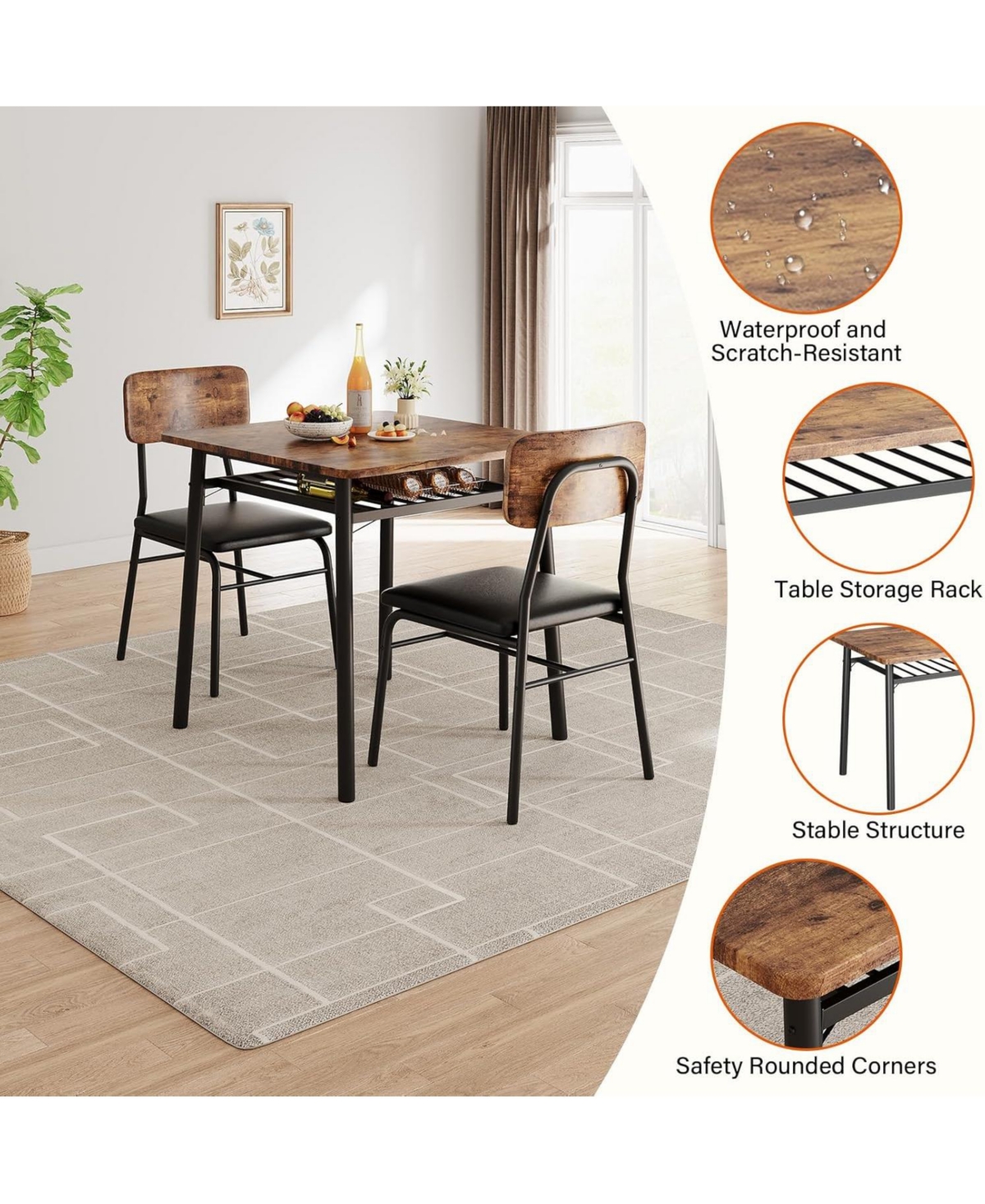 gaomon 3-Piece Square Dining Set for 2 with Storage, Metal Frame Table and 2 Upholstered Chairs