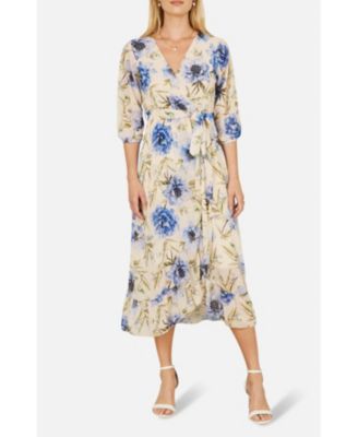 Women's 3/4 Sleeve V-Neck Wrap Midi Dress