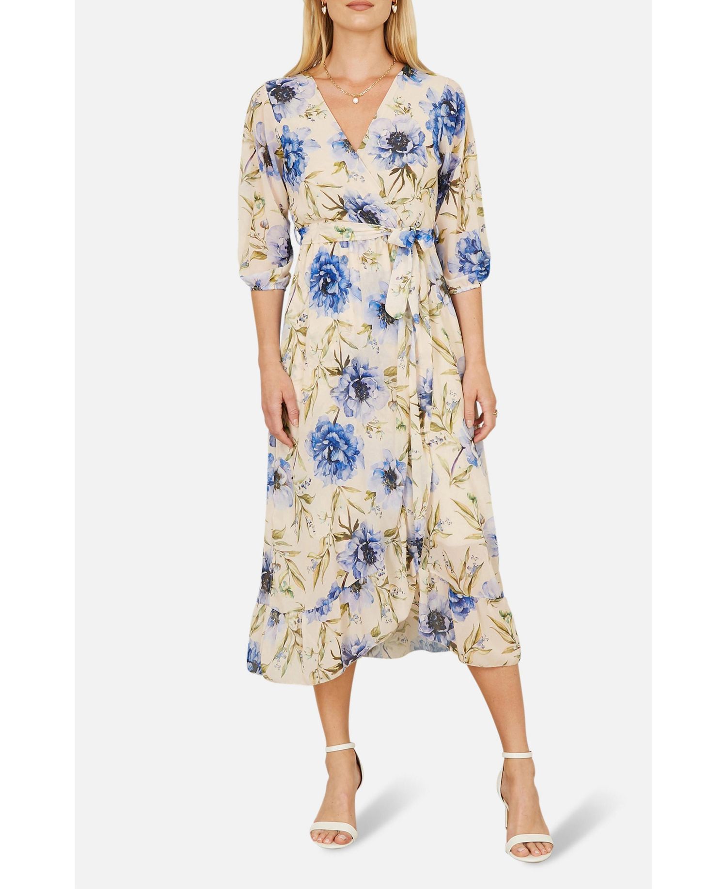 Women's 3/4 Sleeve V-Neck Wrap Midi Dress