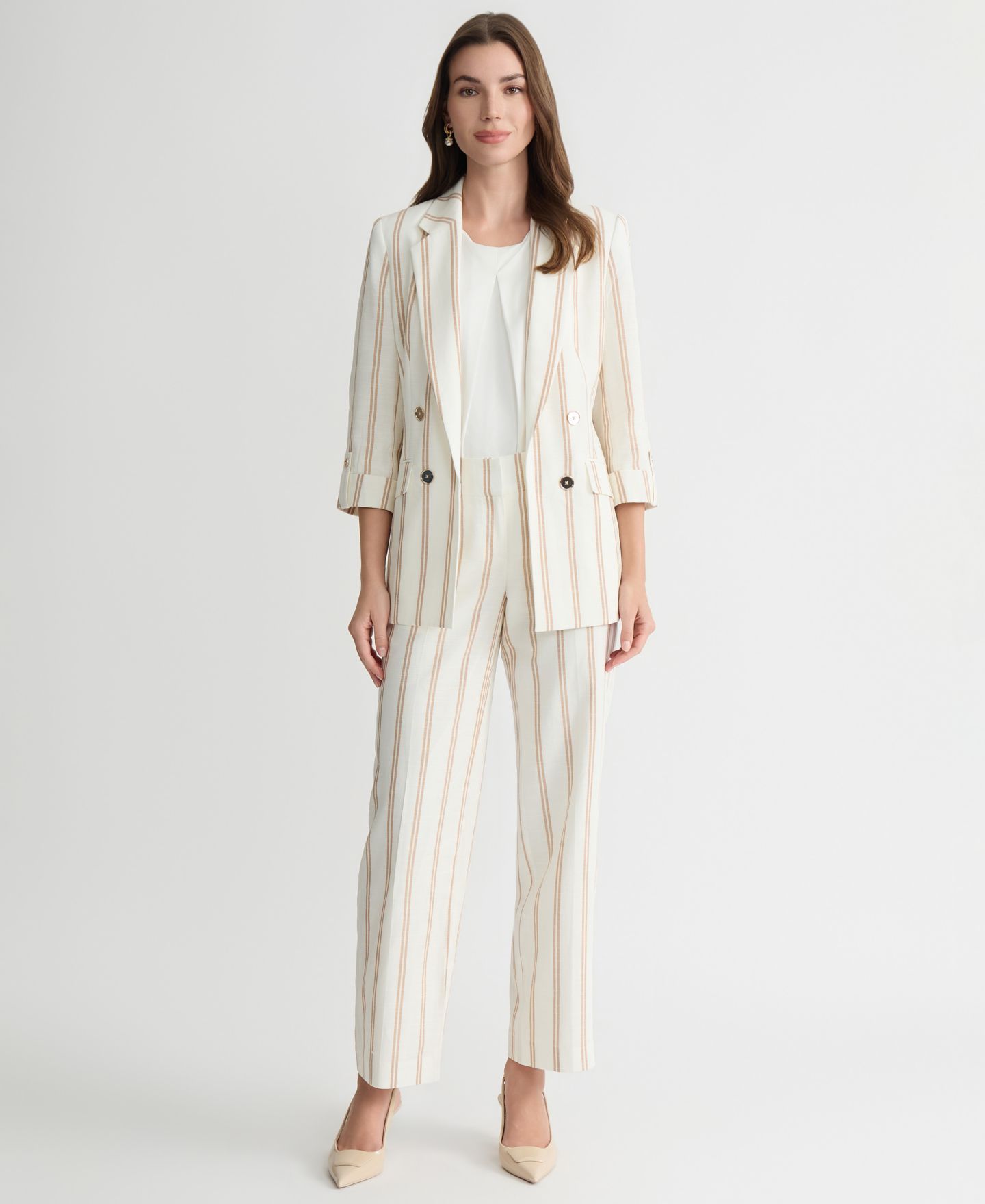 Женский пиджак Kasper Striped Linen Blend 3/4-Sleeve Double-Breasted Blazer, Regular & Petite, цвет: Ванильный ледяной — фото 7