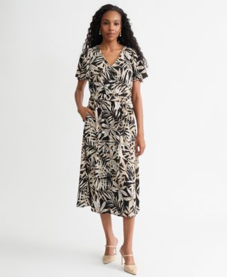 Women's V-Neck Flutter-Sleeve Midi Dress