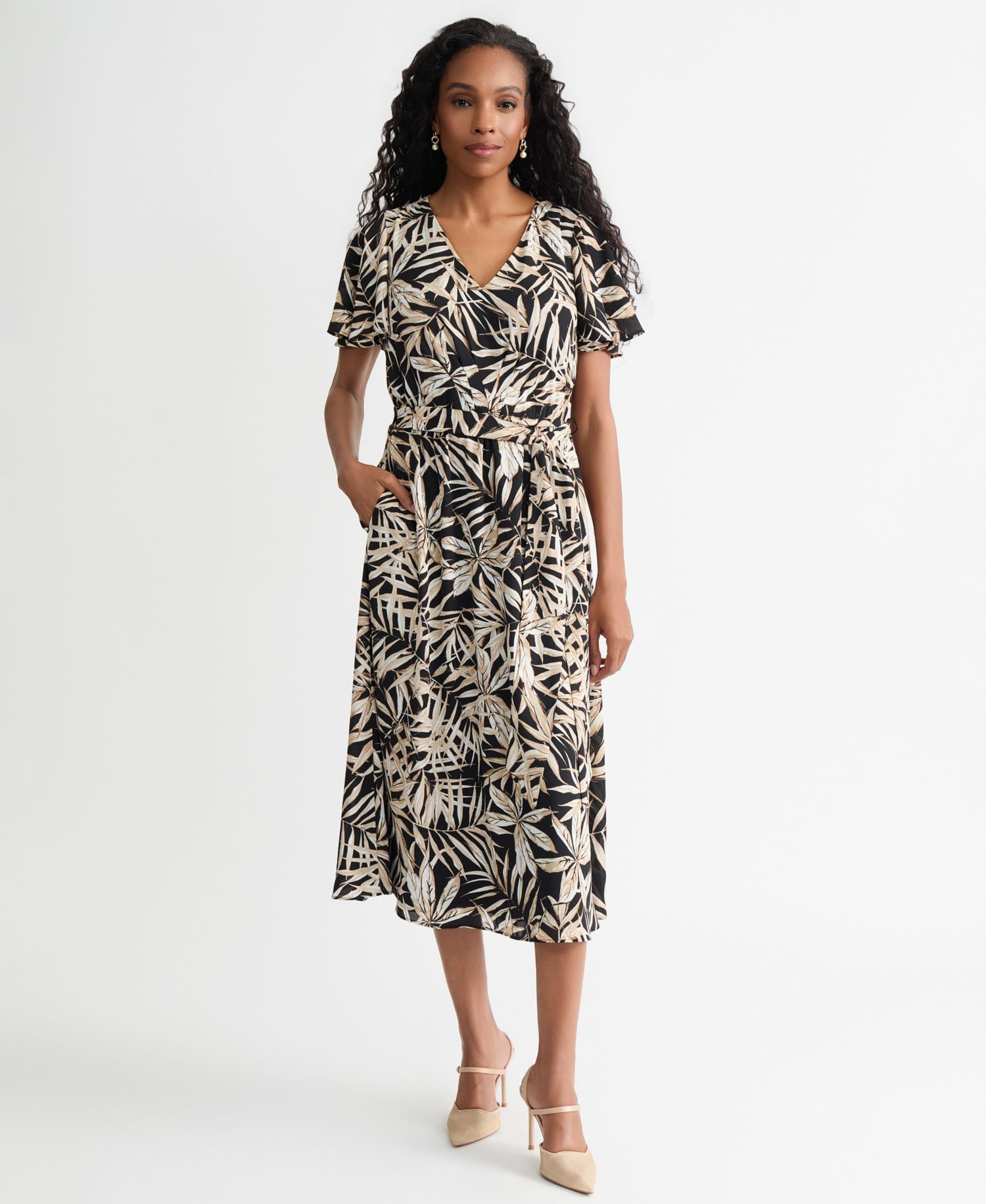 Women's V-Neck Flutter-Sleeve Midi Dress