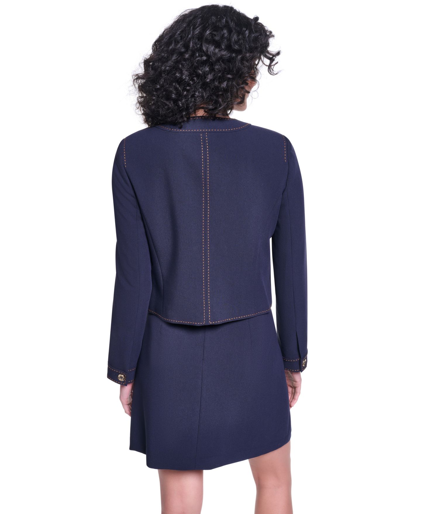 Женская куртка KARL LAGERFELD PARIS Twill Contrast Stitch Round Neck Cropped Jacket, цвет: Тёмно-синий / Сиена — фото 2