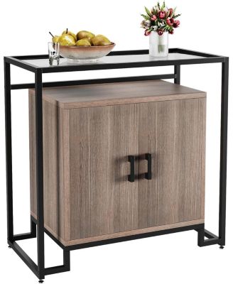 Three-Layer Laminated Wood Cabinet, Buffet Storage with Tempered Glass and Steel Frame