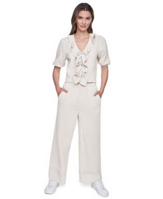 Women's V-Neck Short Puff-Sleeve Tie-Front Shirt