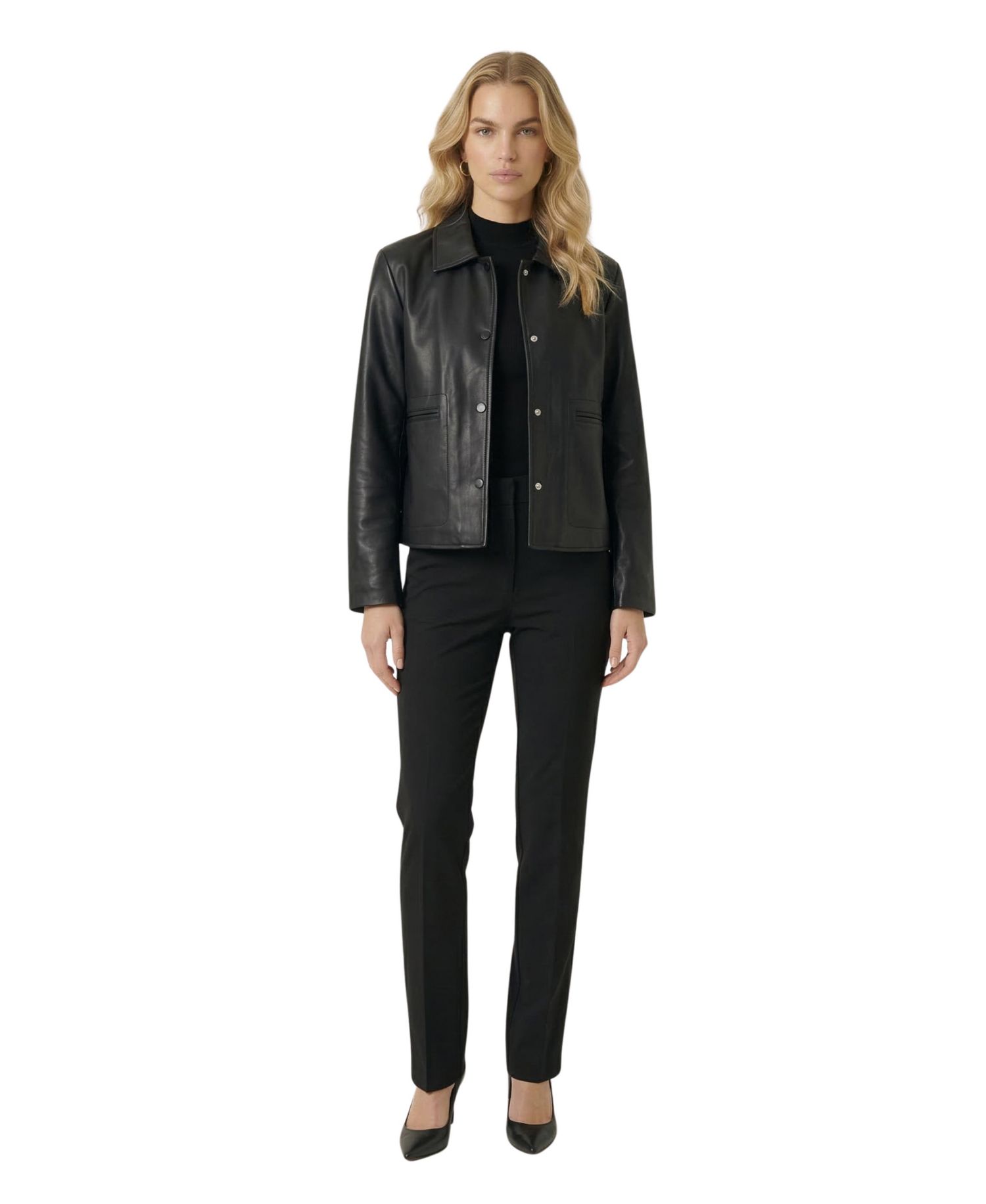 Women's Leather Button-Front Collared Jacket