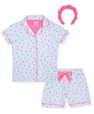 Girls' 7-16 Milk Stripe Ice Cream Print Coat and Shorts with Headband, 3-Piece Set