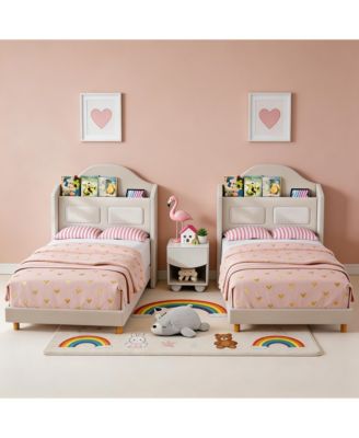 Set of 2 Twin Upholstered Bed for Kids - Soft Padded with LED Night Light, Storage and Sturdy Iron/Plywood/Sponge Frame - Easy Assembly