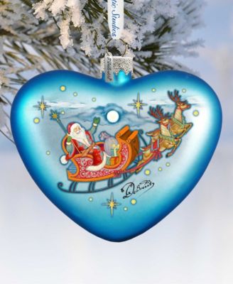 Santa on His Way Hart Glass Ornament