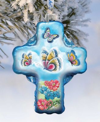 Blue Butterflies Cross Glass Ornament