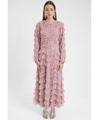 Women's Modest Ruffle Dress Maxi With Self Print Mesh