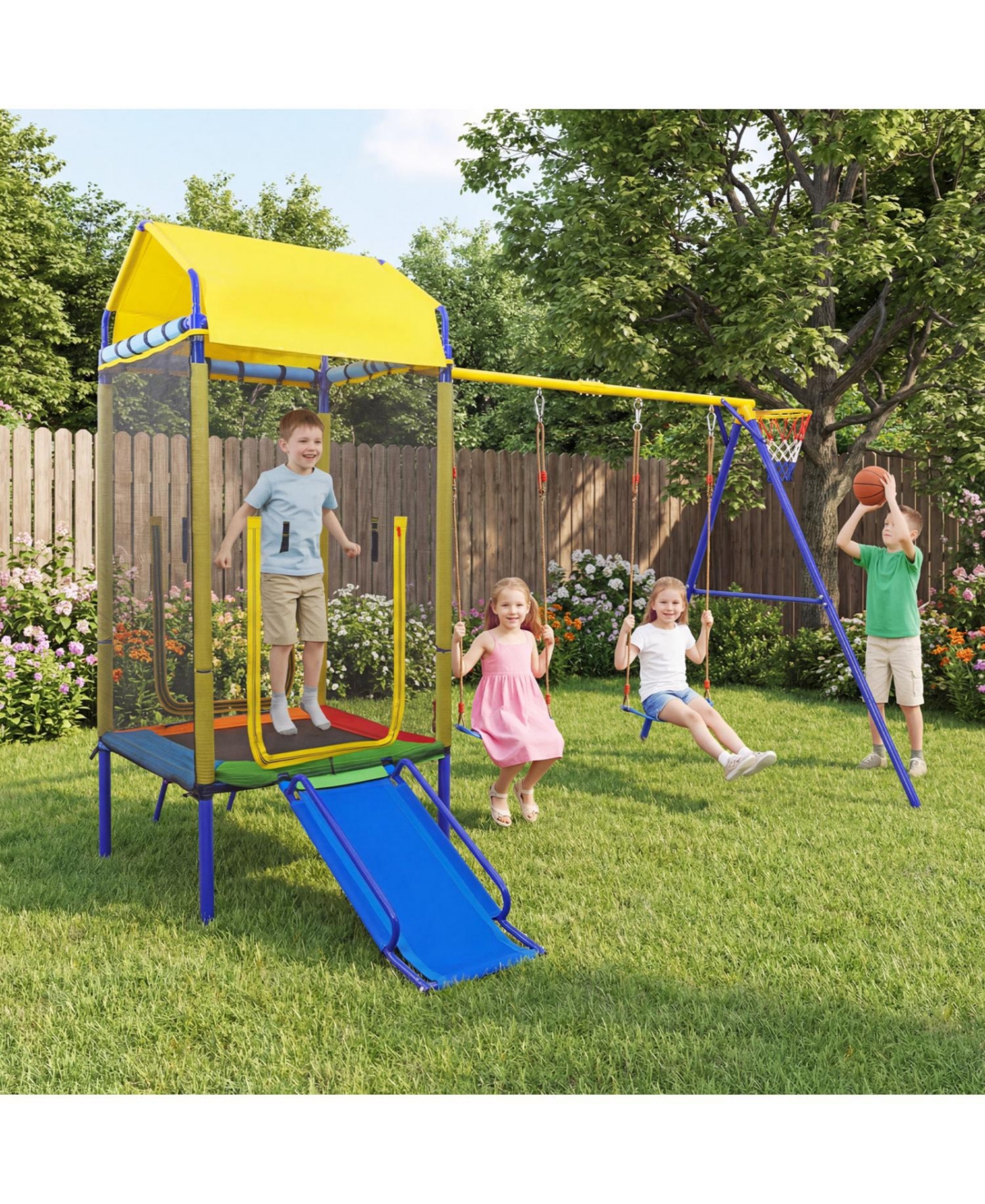 Slickblue 5 in 1 Kids Swing Set with Metal Stand Backyard Playset