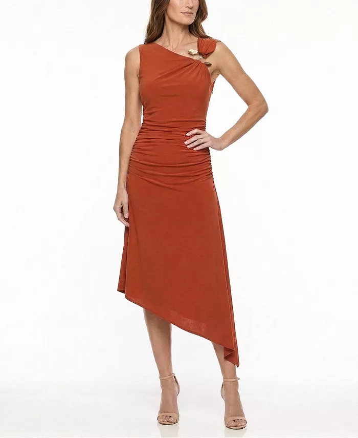 Women's Asymmetrical Neck Ruched Midi Dress