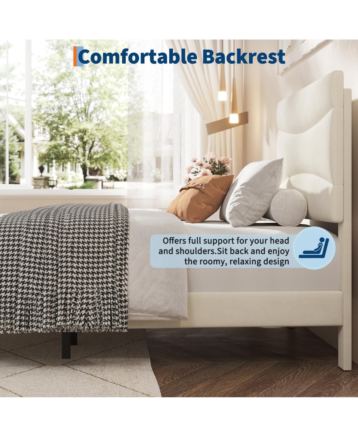 Homfan Upholstered Platform Bed Frame with Velvet Headboard, Wood Slats and Underbed Storage, Box Spring Not Required