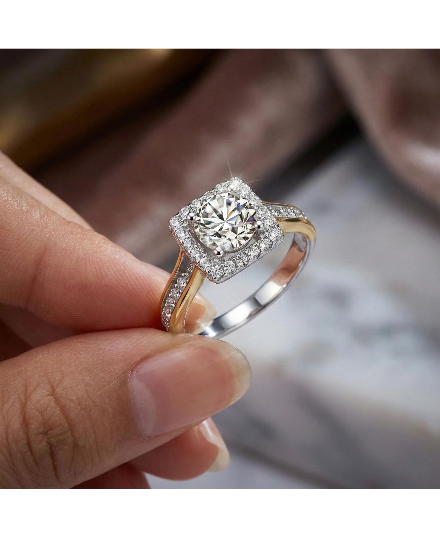 Unique Sterling Silver Square Halo CZ Pave Band Ring