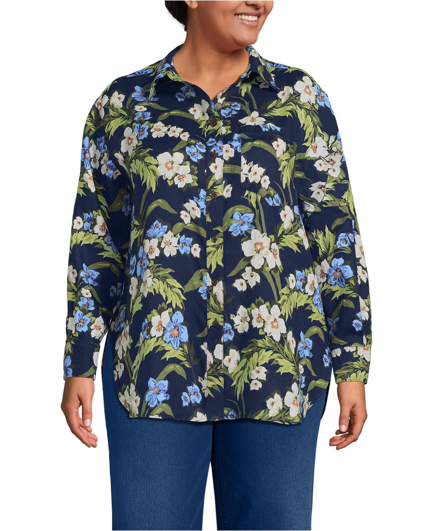 Женская рубашка Lands' End Plus Size Linen Oversized Button Front, цвет: Морской / Синий с принтом — фото 1