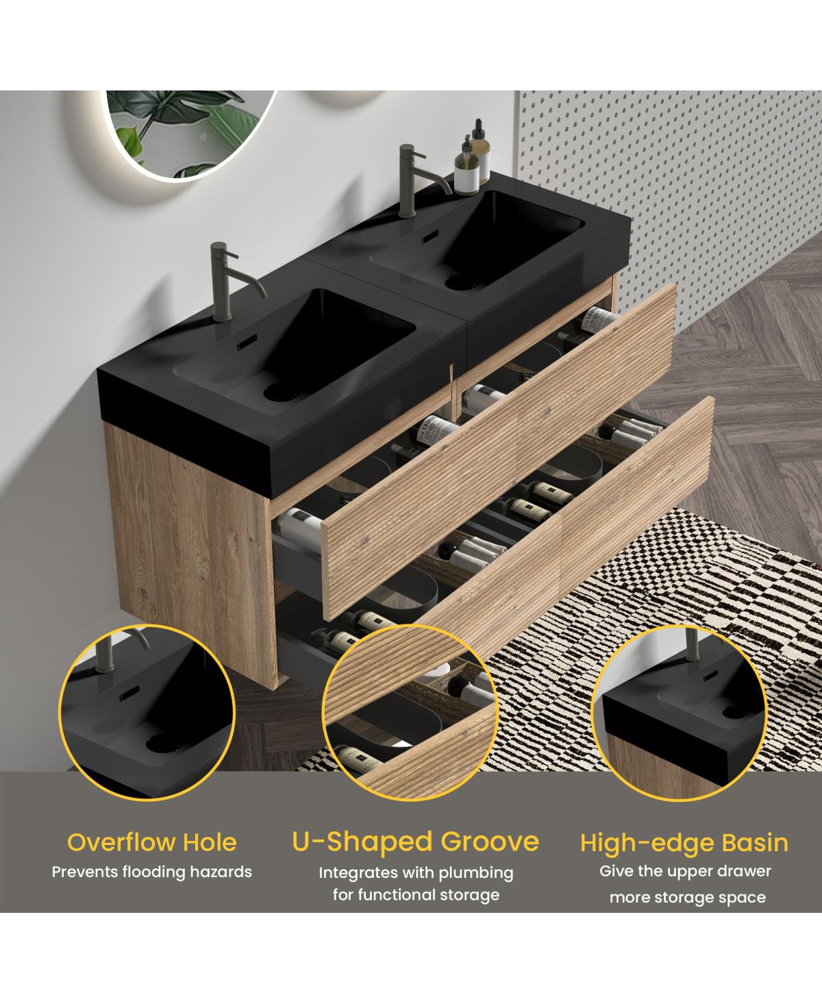 Sillysis Mid-Century Modern Bathroom Vanity with Double Drawers, Quartz Basin