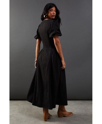 Women's Seersucker Puff Sleeve Midi Dress