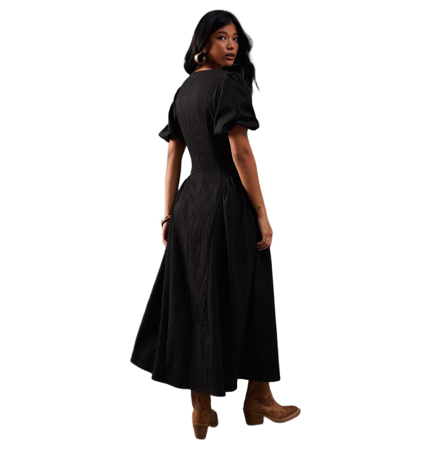 Женское платье Warehouse Seersucker Puff Sleeve Midi, цвет: Чёрный — фото 3