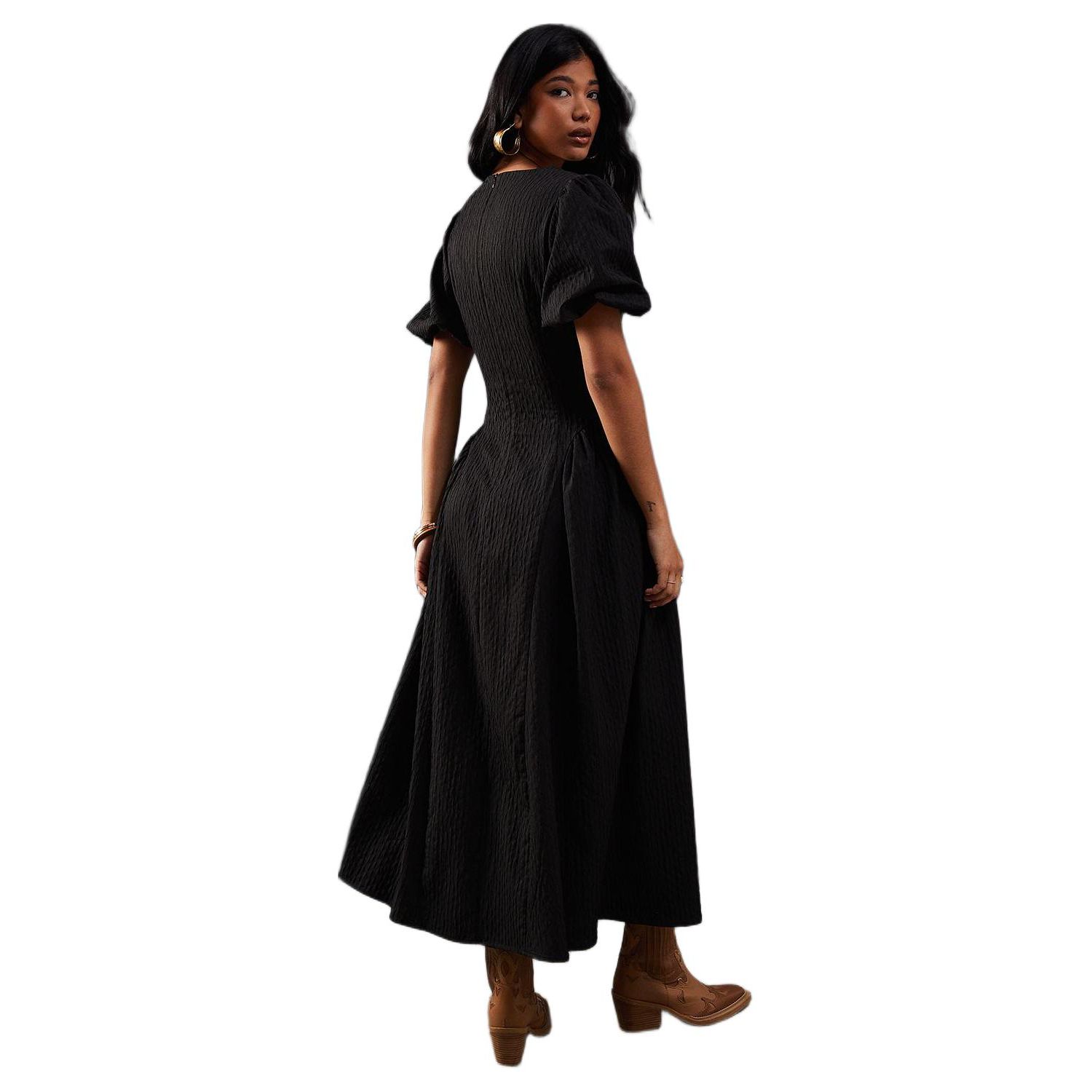 Women's Seersucker Puff Sleeve Midi Dress